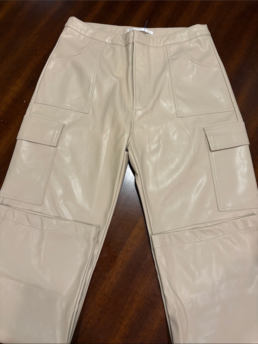 Women's Cargo Faux Leather Pants in Cream